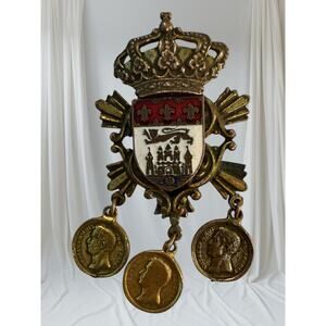 Antique Heraldic Crown Brooch Enamel Coat of Arms w Dangling Medals c1890